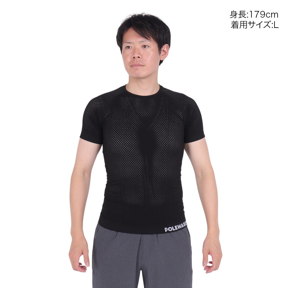 POLEWARDS（メンズ）インナー 下着 半袖アンダーウェア ドライコンフォートメッシュ PW2HJU06 BLK ブラック 洗濯専用ネット付