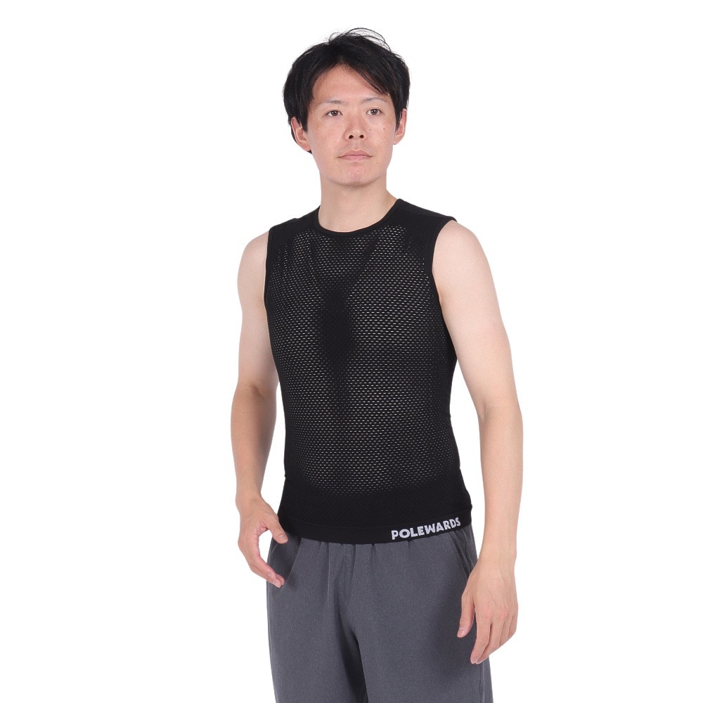 POLEWARDS（メンズ）インナー アンダーウェア ノースリーブ ドライコンフォートメッシュ PW2HJU07 BLK ブラック 洗濯専用ネット付