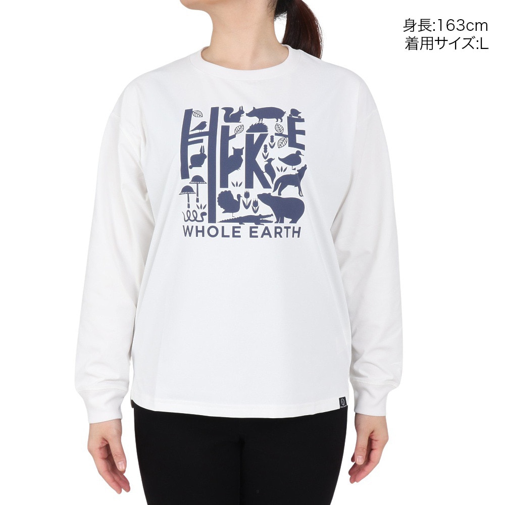 ホールアース（Whole Earth）（レディース）ロンT プリント長袖Tシャツ hike WE2SDZ35 WHT