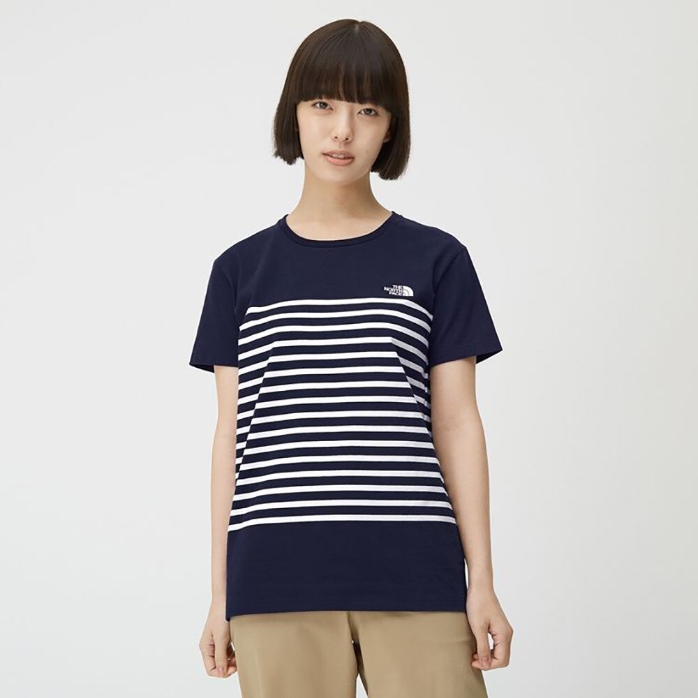 ノースフェイス（THE NORTH FACE）（レディース）半袖Tシャツ ショートスリーブパネルボーダーTシャツ NTW32335 UN ネイビー  アウトドア・キャンプ用品はエルブレス