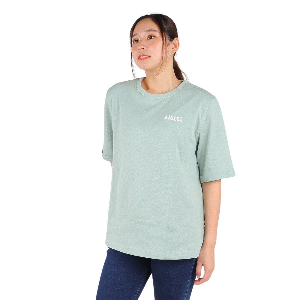 エーグル（AIGLE）（レディース）半袖Tシャツ クルーネックロゴTシャツ ZTFAI40-005 グリーン