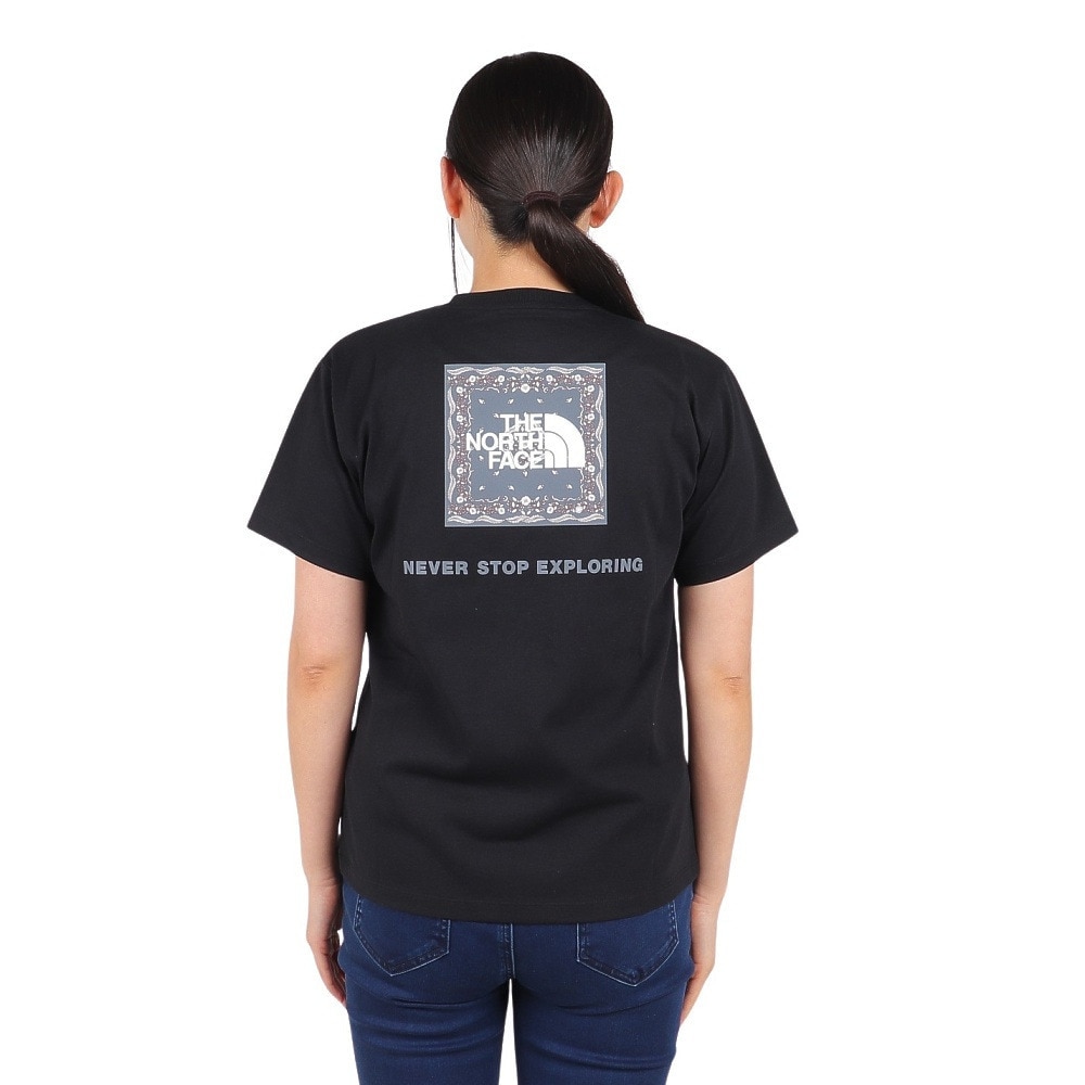 ザ・ノース・フェイス（THE NORTH FACE）（レディース）Tシャツ 半袖 BANDANA SQ LG スクエアロゴ NTW32446 黒 ブラック