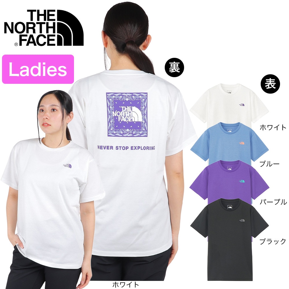 ザ・ノース・フェイス（THE NORTH FACE）（レディース）Tシャツ 半袖 BANDANA SQ LG スクエアロゴ NTW32446 黒 ブラック