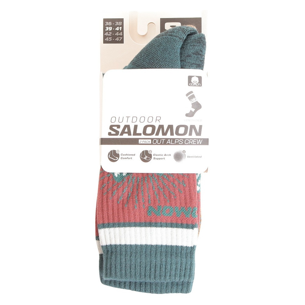 サロモン（SALOMON）（メンズ）ソックス 靴下 OUT ALPS クルーソックス 2足組 LC2083600 グリーン×ブラック