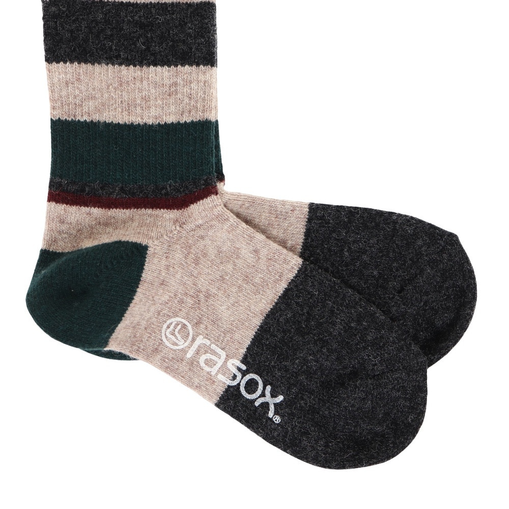 ラソックス（rasox）（メンズ、レディース）トレッキング ソックス 靴下 マルチボーダーウール クルーソックス CA152CR03-517 フォレストグリーン