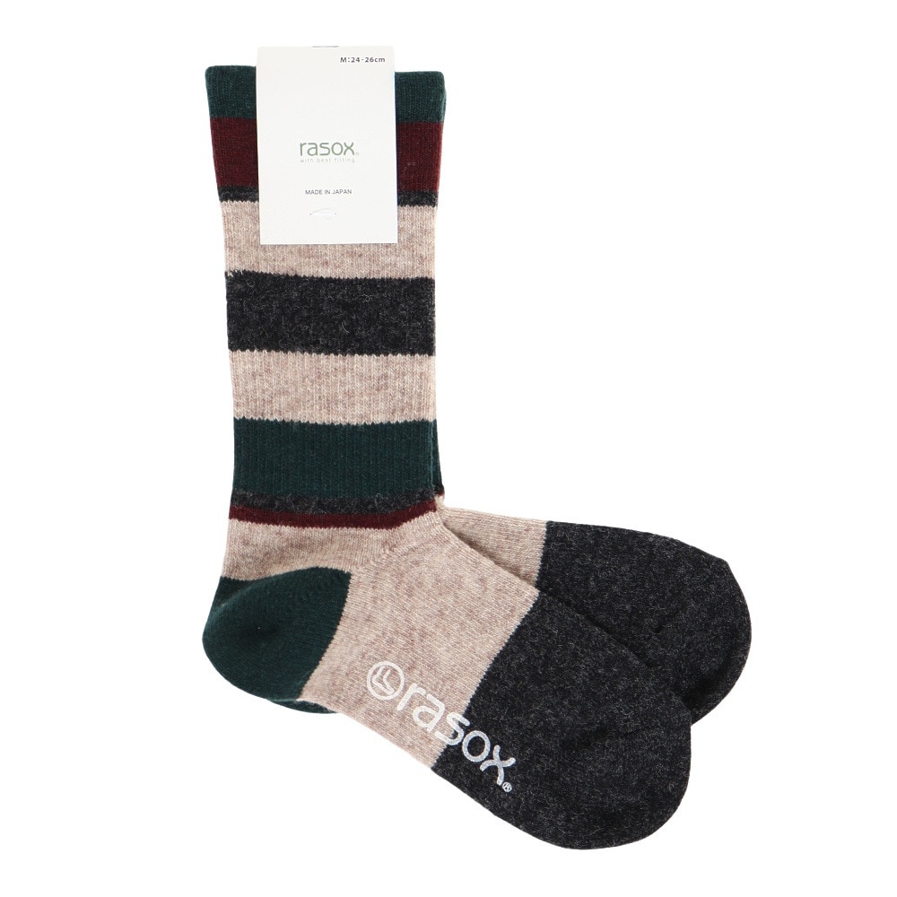 ラソックス（rasox）（メンズ、レディース）トレッキング ソックス 靴下 マルチボーダーウール クルーソックス CA152CR03-517 フォレストグリーン