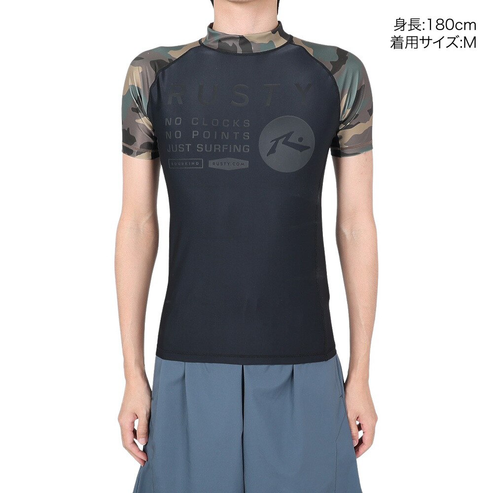 ラスティ（RUSTY）（メンズ）ラッシュガード 半袖 Tシャツ UVカット 吸汗速乾 919484 CAM 迷彩 ブラック 海 ビーチ