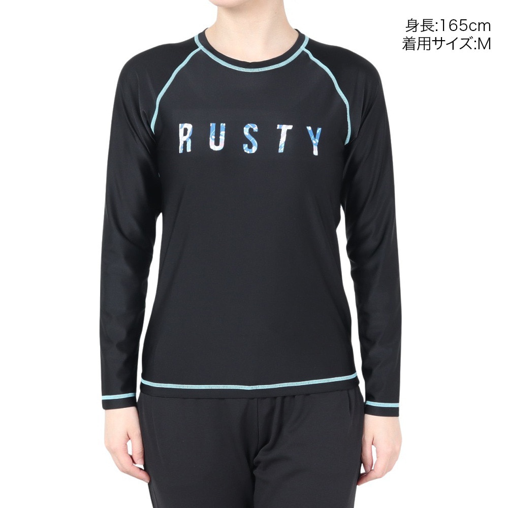 ラスティ（RUSTY）（レディース）ラッシュガード 総柄 ラグラン 長袖ロンT 922461BLK ブラック UVカット 紫外線対策