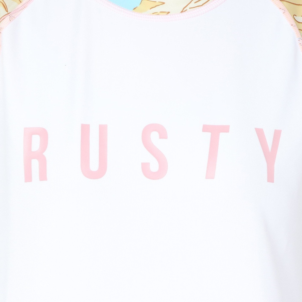 ラスティ（RUSTY）（レディース）ラッシュガード 総柄 ラグラン 長袖ロンT 922461CRM ホワイト ピンク UVカット 紫外線対策
