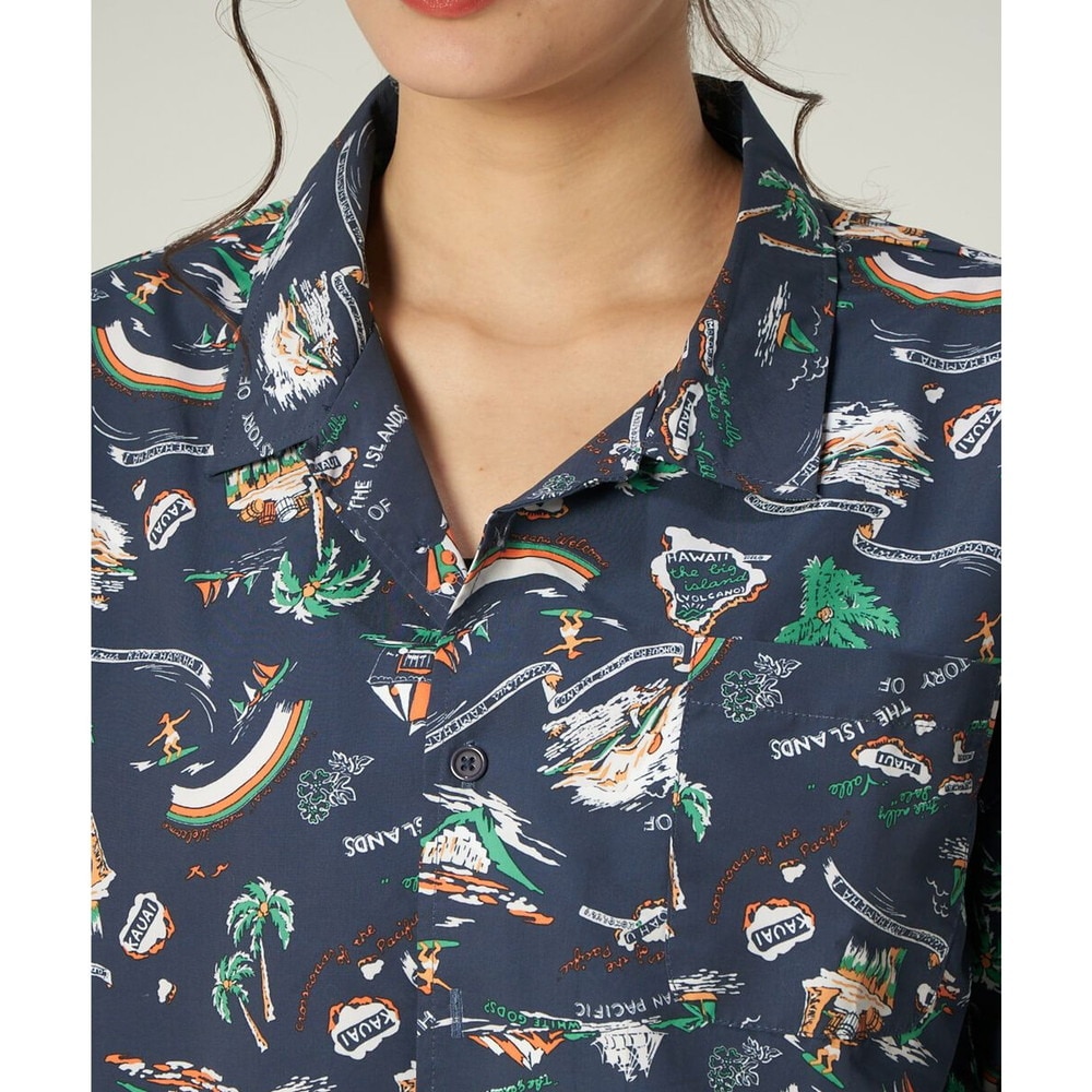 オーシャンパシフィック（Ocean Pacific）（レディース）ラッシュガード 半袖 アロハシャツ UVプロテクト UVカット 紫外線対策 水陸両用 ネイビー 529480-NVY