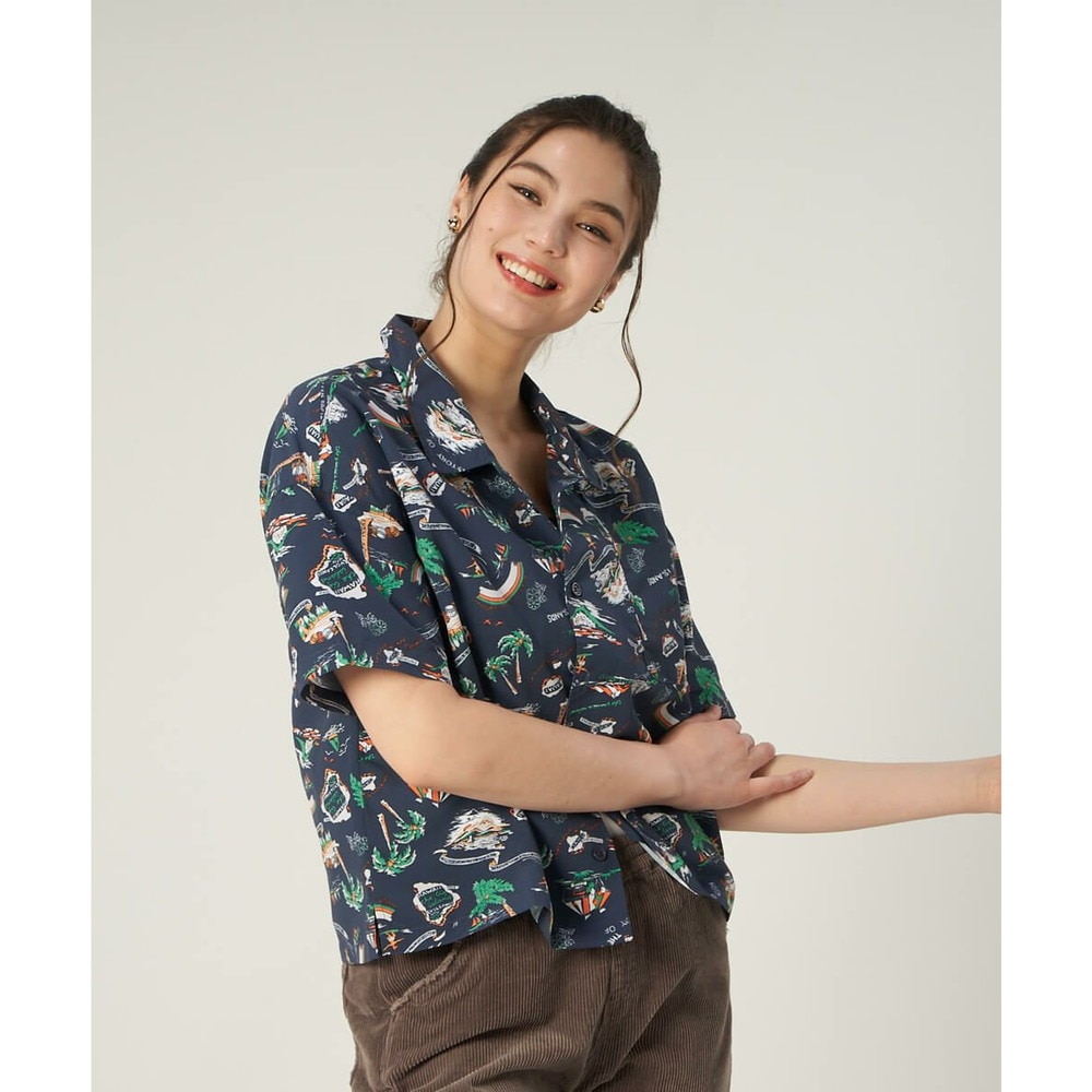 オーシャンパシフィック（Ocean Pacific）（レディース）ラッシュガード 半袖 アロハシャツ UVプロテクト UVカット 紫外線対策 水陸両用 ネイビー 529480-NVY