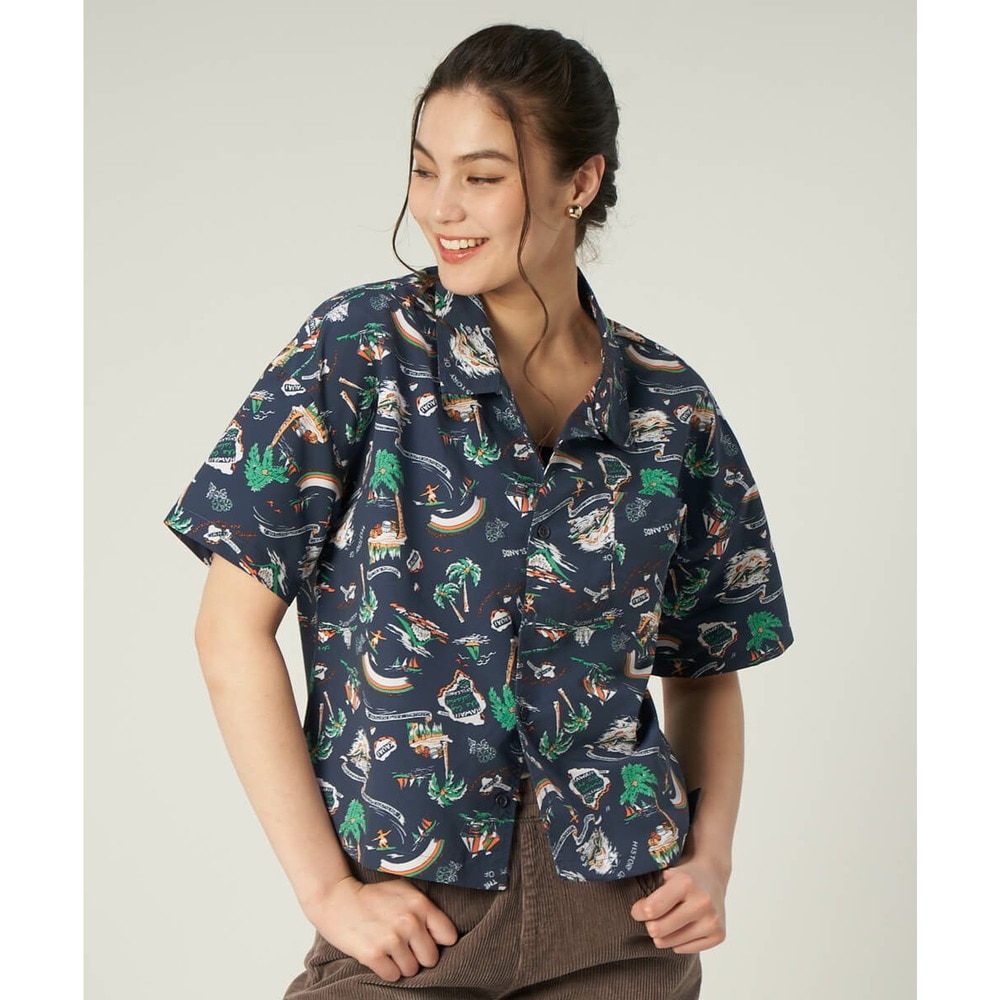 オーシャンパシフィック（Ocean Pacific）（レディース）ラッシュガード 半袖 アロハシャツ UVプロテクト UVカット 紫外線対策 水陸両用 ネイビー 529480-NVY