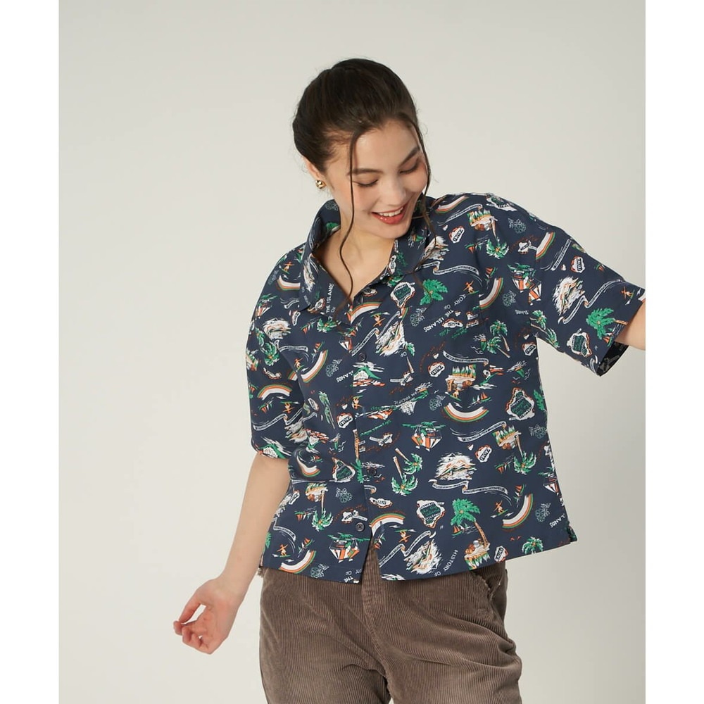 オーシャンパシフィック（Ocean Pacific）（レディース）ラッシュガード 半袖 アロハシャツ UVプロテクト UVカット 紫外線対策 水陸両用 ネイビー 529480-NVY