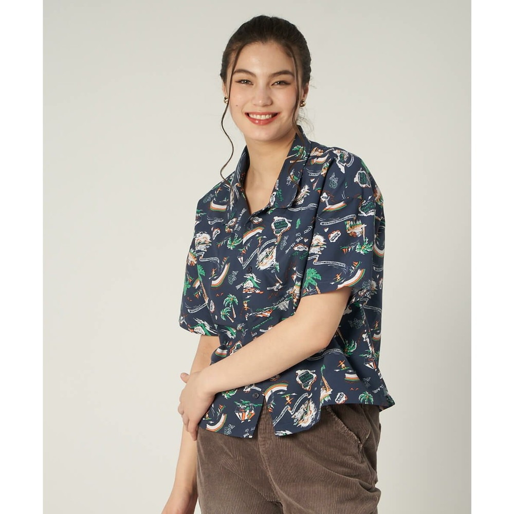 オーシャンパシフィック（Ocean Pacific）（レディース）ラッシュガード 半袖 アロハシャツ UVプロテクト UVカット 紫外線対策 水陸両用 ネイビー 529480-NVY
