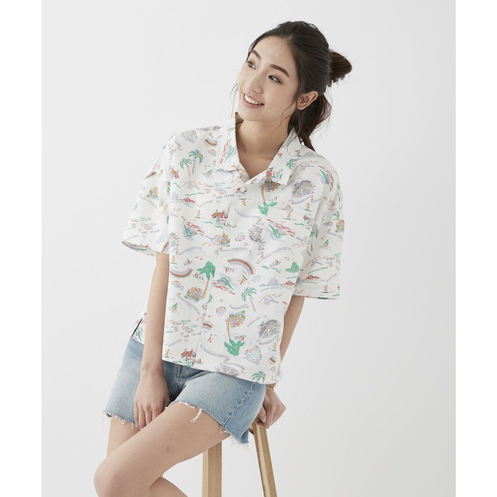 オーシャンパシフィック（Ocean Pacific）（レディース）ラッシュガード 半袖 アロハシャツ UVプロテクト UVカット 紫外線対策 水陸両用 ホワイト 529480-WHT