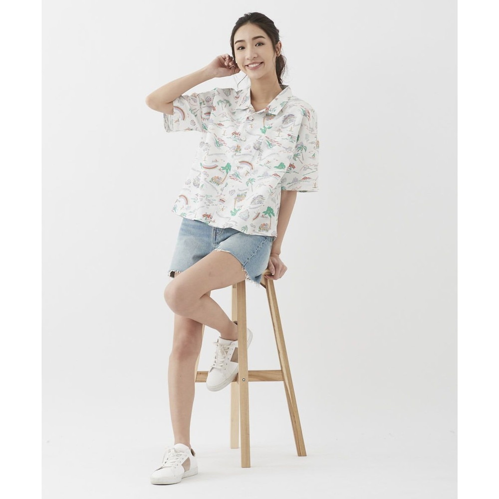 オーシャンパシフィック（Ocean Pacific）（レディース）ラッシュガード 半袖 アロハシャツ UVプロテクト UVカット 紫外線対策 水陸両用 ホワイト 529480-WHT