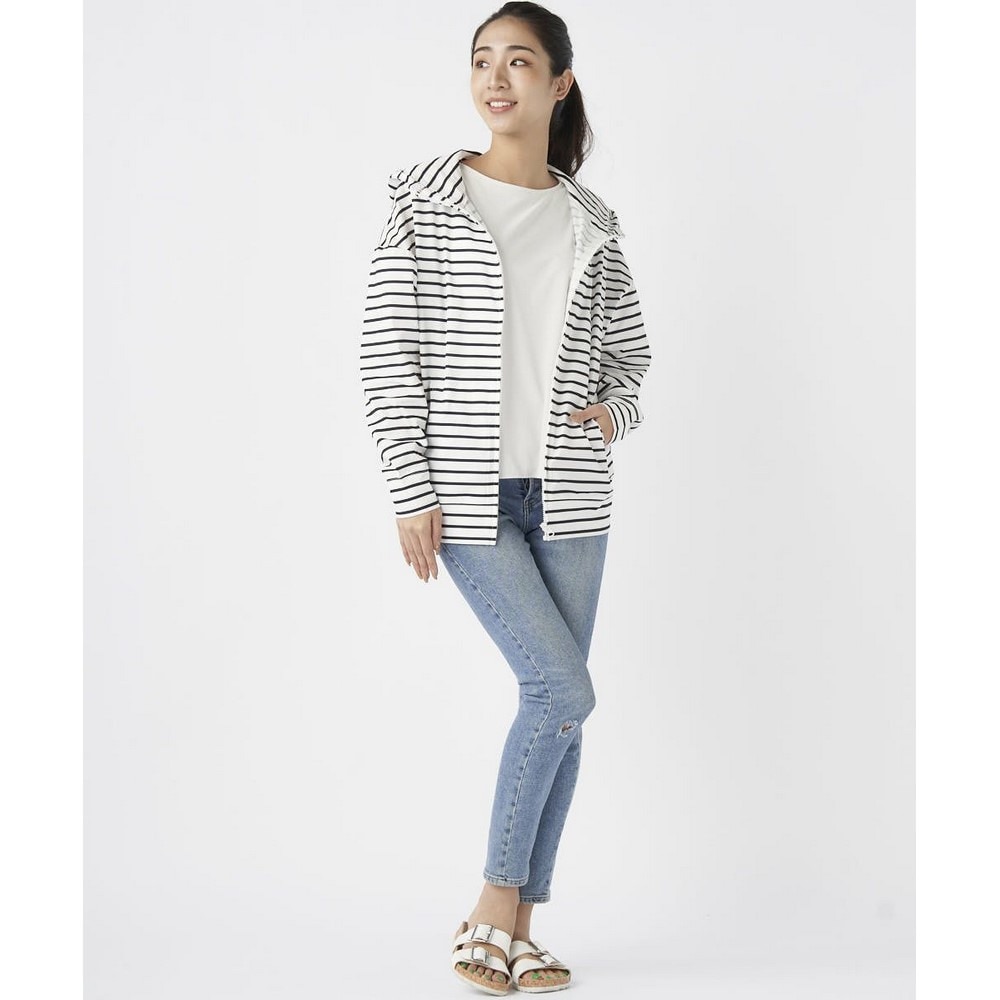 オーシャンパシフィック（Ocean Pacific）（レディース）ララッシュガード 長袖 パーカー PEARTEXラッシュパーカー 523460BOR ホワイト×ブラック ボーダー