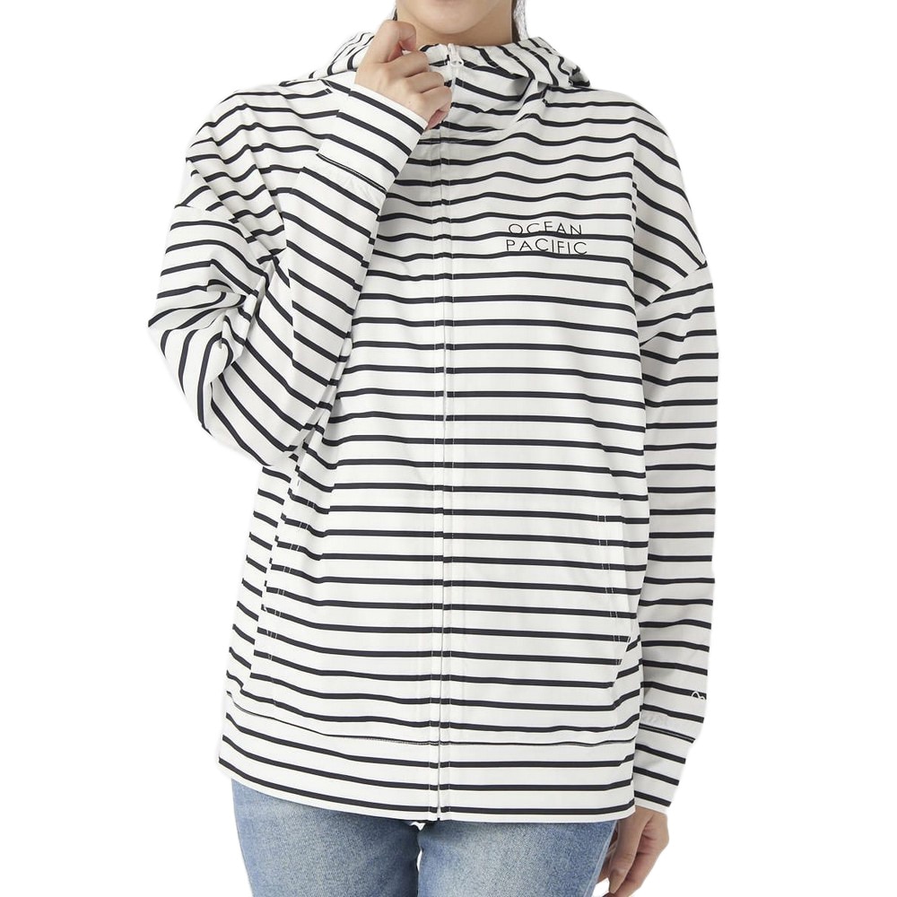 オーシャンパシフィック（Ocean Pacific）（レディース）ララッシュガード 長袖 パーカー PEARTEXラッシュパーカー 523460BOR ホワイト×ブラック ボーダー