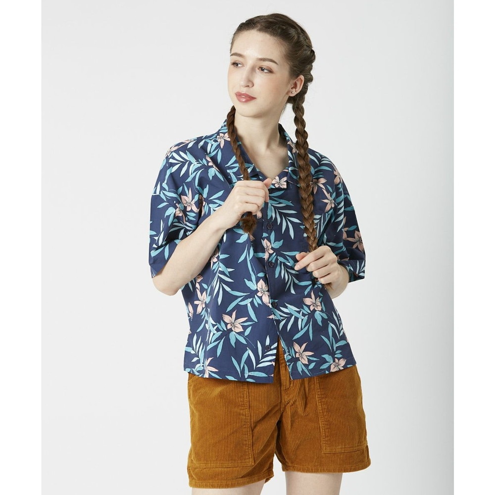 オーシャンパシフィック（Ocean Pacific）（レディース）ラッシュガード 半袖 アロハシャツ UVプロテクト UVカット 紫外線対策 水陸両用 ネイビー 529478-NVY