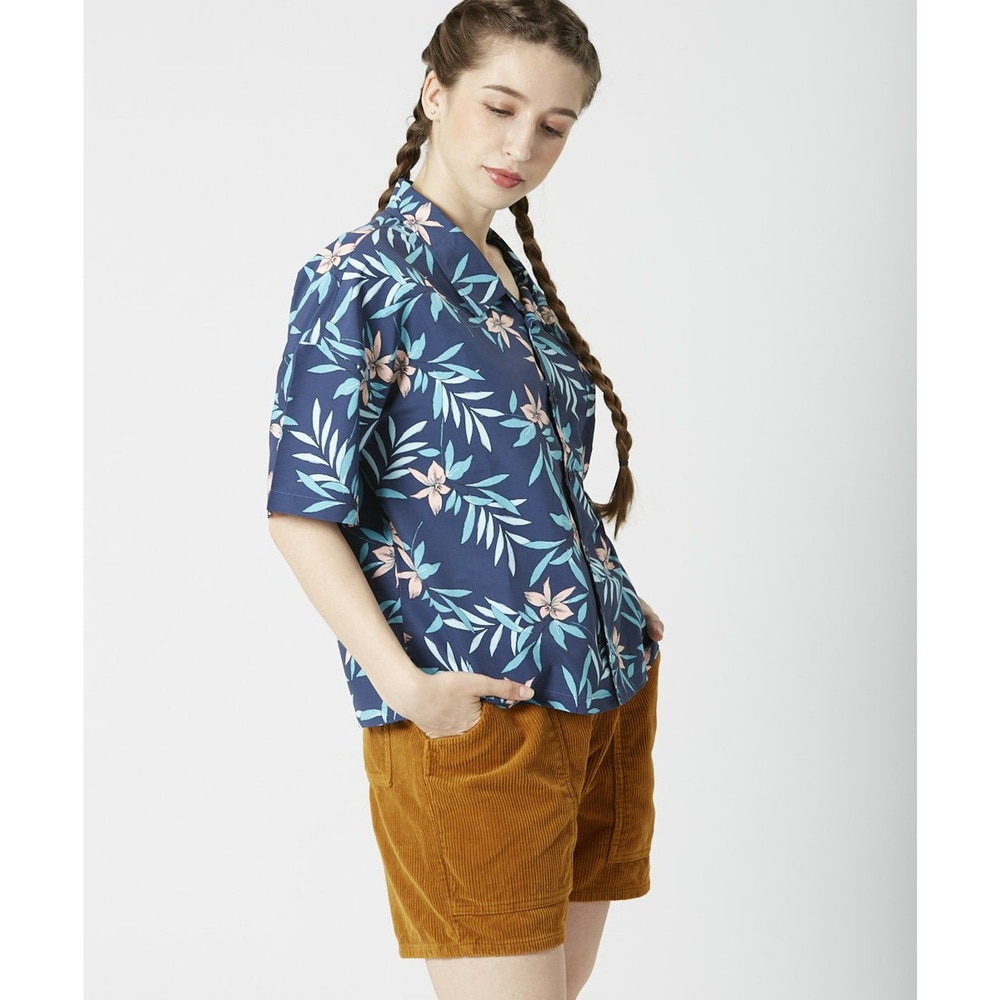 オーシャンパシフィック（Ocean Pacific）（レディース）ラッシュガード 半袖 アロハシャツ UVプロテクト UVカット 紫外線対策 水陸両用 ネイビー 529478-NVY