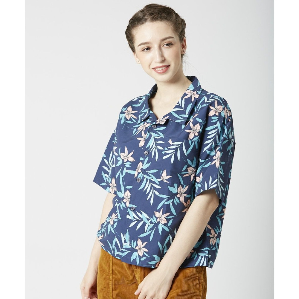 オーシャンパシフィック（Ocean Pacific）（レディース）ラッシュガード 半袖 アロハシャツ UVプロテクト UVカット 紫外線対策 水陸両用 ネイビー 529478-NVY