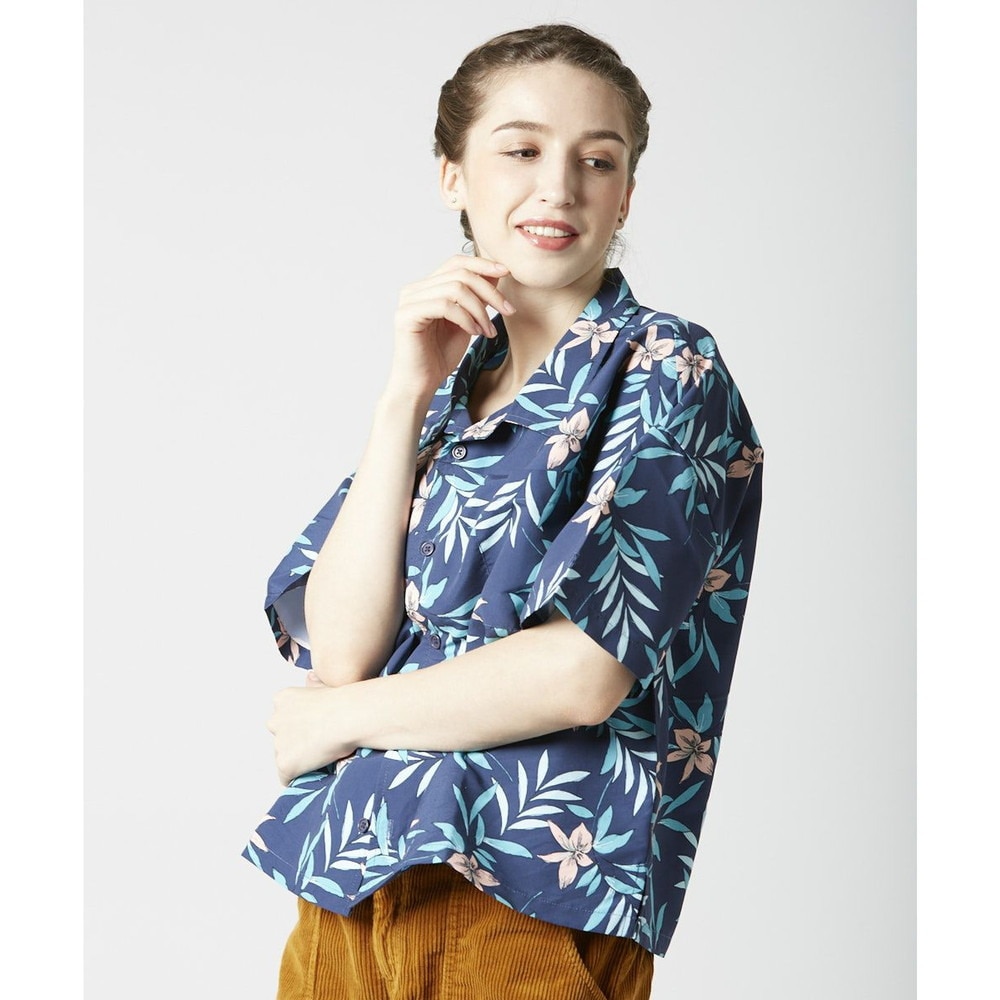 オーシャンパシフィック（Ocean Pacific）（レディース）ラッシュガード 半袖 アロハシャツ UVプロテクト UVカット 紫外線対策 水陸両用 ネイビー 529478-NVY