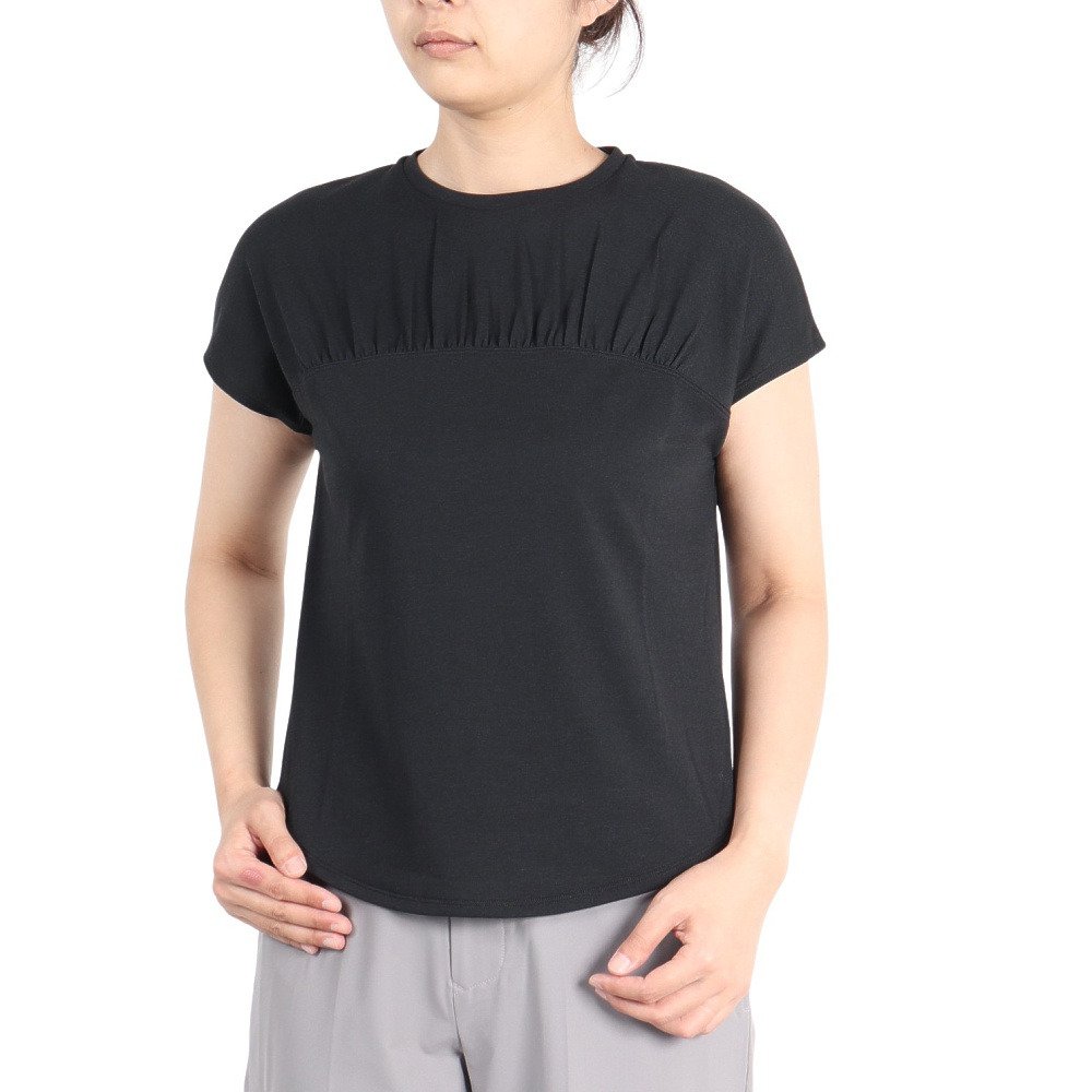 DEAR DANSKIN 黒 ストレッチラッフルシャツ　322303 ダンスキン ダンスキン（DANSKIN）（レディース）ギャザー フレンチ Tシャツ