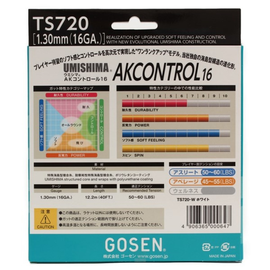 ゴーセン（GOSEN）（メンズ、レディース、キッズ）硬式テニスストリング ウミシマ AKコントロール16 W TS720W