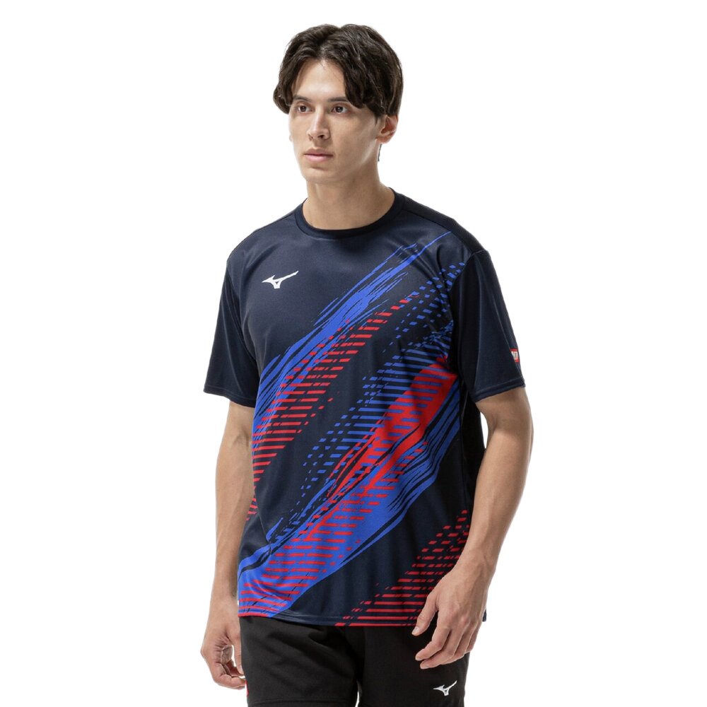 Mizuno ゲームシャツ Lサイズ ネイビー/オレンジ ミズノ（MIZUNO）（メンズ、レディース）卓球ウエア ゲームシャツ