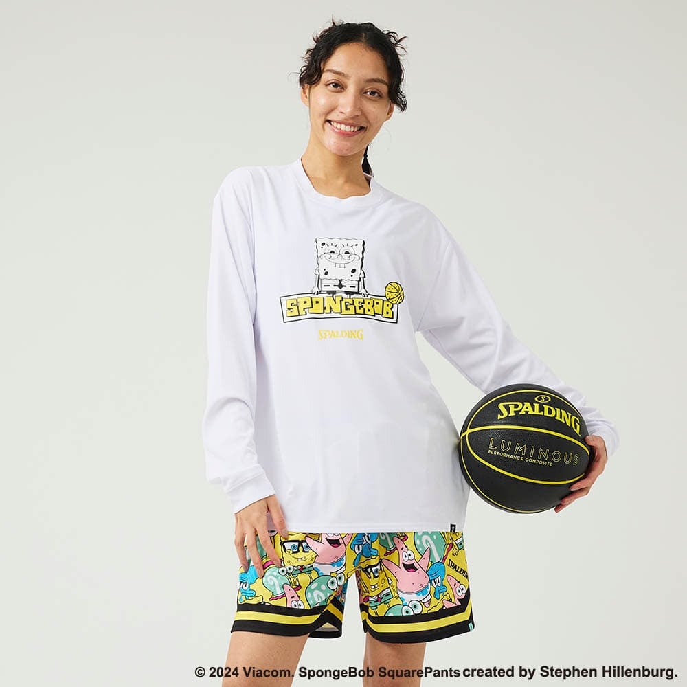 スポルディング（SPALDING）（メンズ、レディース）バスケットボールウェア 長袖 Tシャツ スポンジ・ボブ イエロー SMT24139SWH