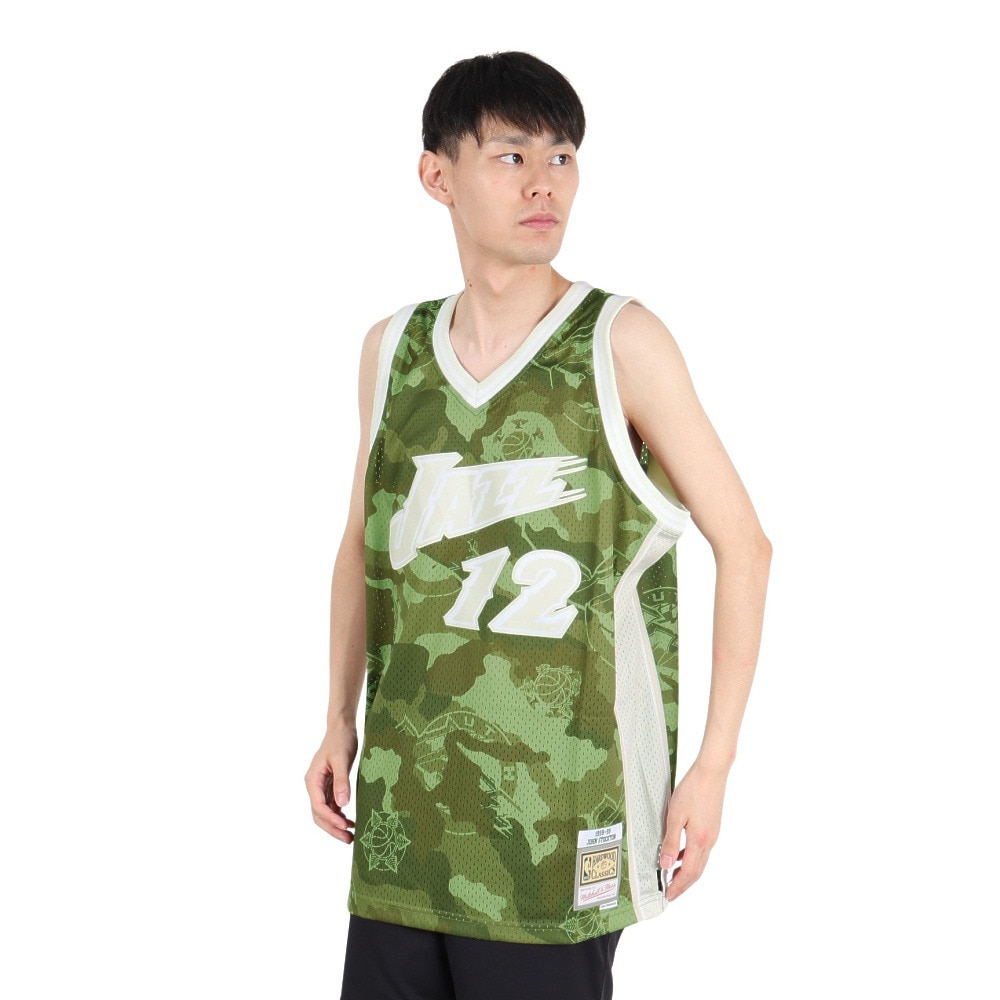 ミッチェルアンドネス（Mitchell&Ness）（メンズ）ユタ・ジャズ ジョン・ストックトン カモハードウッド クラシックスジャージ SMJY4362-UJACMGR