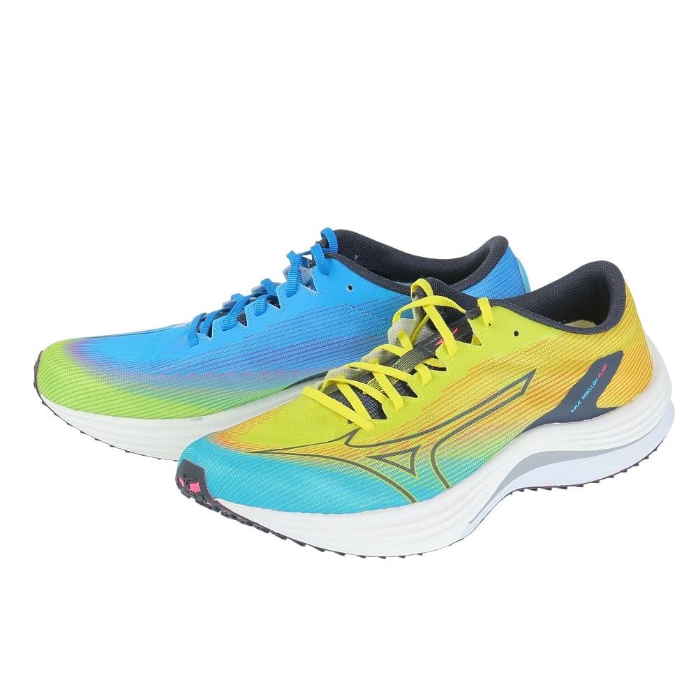 ミズノ（MIZUNO）（メンズ）ランニングシューズ ウエーブリベリオンフラッシュ イエロー ブルー J1GC233551 スニーカー トレーニング 部活 軽量 通気性 