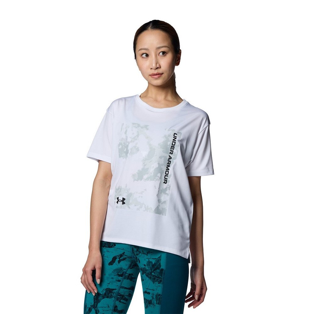 アンダーアーマー（UNDER ARMOUR）（レディース）tシャツ 半袖 吸汗速乾 ホワイト 白 テック ボックスプリント ヨガ フィットネスウェア 1385472 100