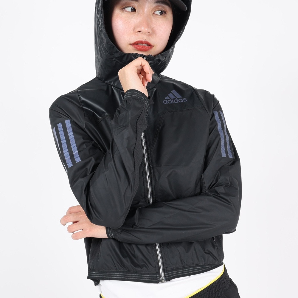 アディダス（adidas）（レディース）ランニングジャケット レディース 黒 撥水 フード付き 防寒 長袖 アディゼロ フルジップ MCE06-H57761