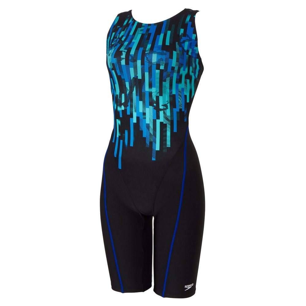 スピード（SPEEDO）（レディース）フィットネス水着 レディース 水泳 ストライプスディライト ルースンニースキン 青 SFW12450 パッド付き 撥水 4分丈 UVガード 紫外線カット