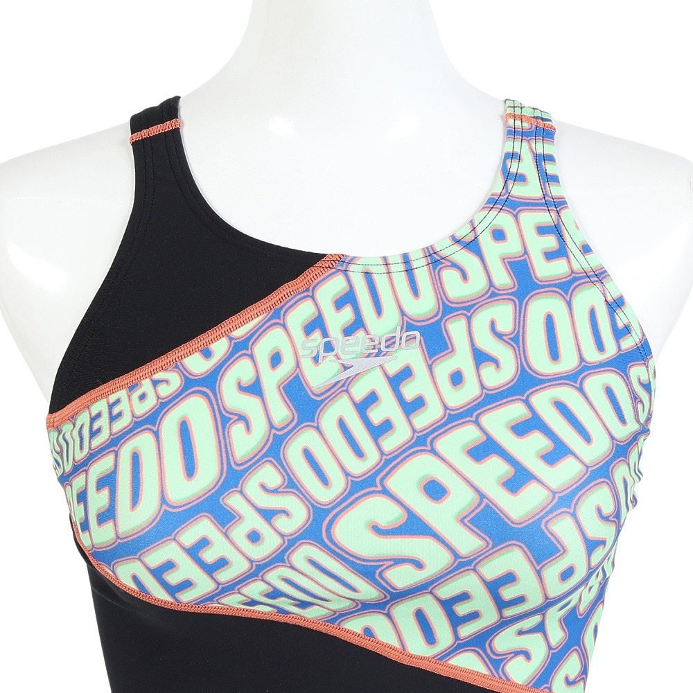 スピード（SPEEDO）（レディース）フィットネス水着 水泳 ウェーブ ロゴ ターンズパズルミニオープンバックニースキン 黒×ライム S-LLサイズ STW12515G LM