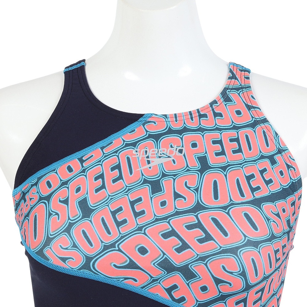 スピード（SPEEDO）（レディース）フィットネス水着 水泳 ウェーブ ロゴ ターンズパズルミニオープンバックニースキン 紺×オレンジ S-LLサイズ STW12515G OR