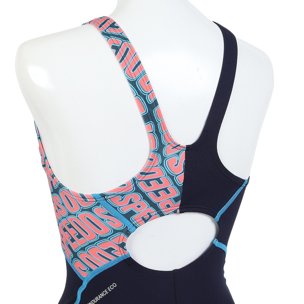 スピード（SPEEDO）（レディース）フィットネス水着 水泳 ウェーブ ロゴ ターンズパズルミニオープンバックニースキン 紺×オレンジ S-LLサイズ STW12515G OR