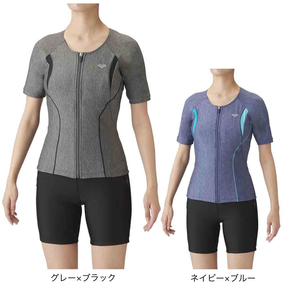 アリーナ（ARENA）（レディース）フィットネス水着 レディース 水泳 大きめカラースナップ付きフルジップ袖有りセパレーツ LAR-3242W MKBK