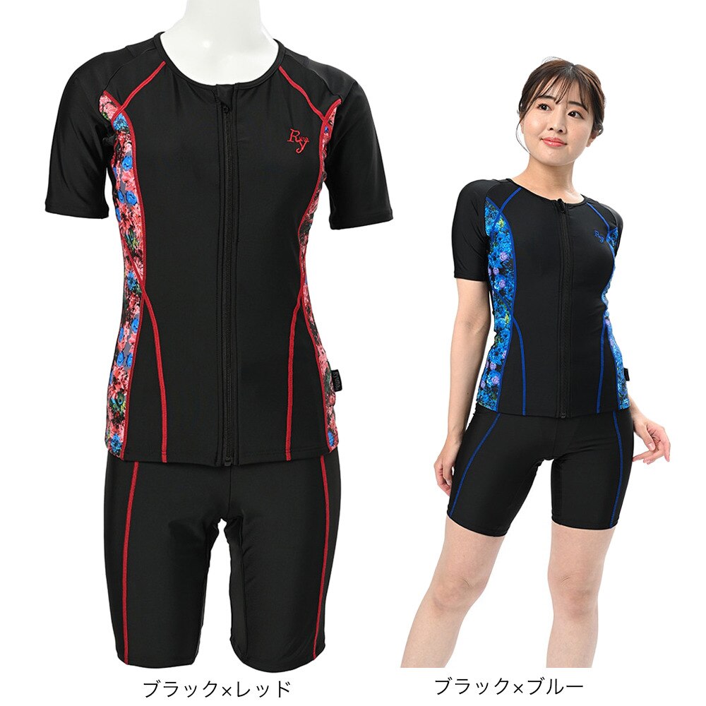 リュウナ（レディース）フィットネス水着 レディース 水泳 サイド花柄 半袖 GR2214F BL