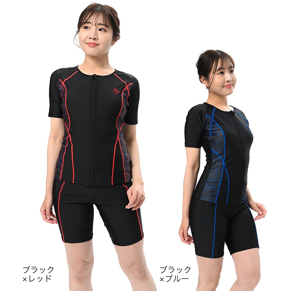 リュウナ（Ryuna）（レディース）フィットネス水着 レディース 水泳 サイドライン柄半袖 GR2214L RD