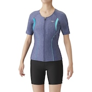 (レディース)フィットネス水着 レディース 水泳 大きめカラースナップ付き フルジップ 袖有りセパレーツ LAR-3242WE MNBU ブルー