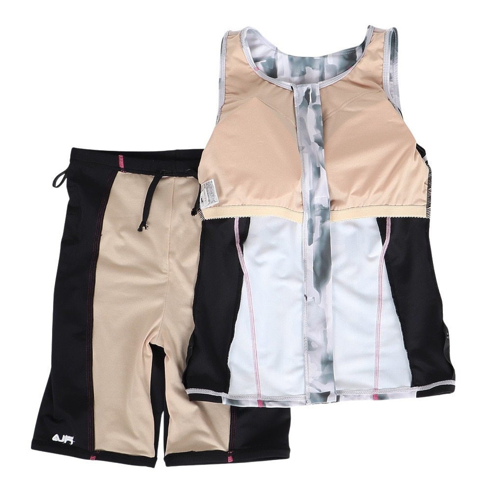 フィラ（FILA）（レディース）フィットネス水着 水泳 タイダイプリント ジップセパレート 黒 白 M-LLサイズ 315604 BK めくれ防止スナップ付き 上下セット 
