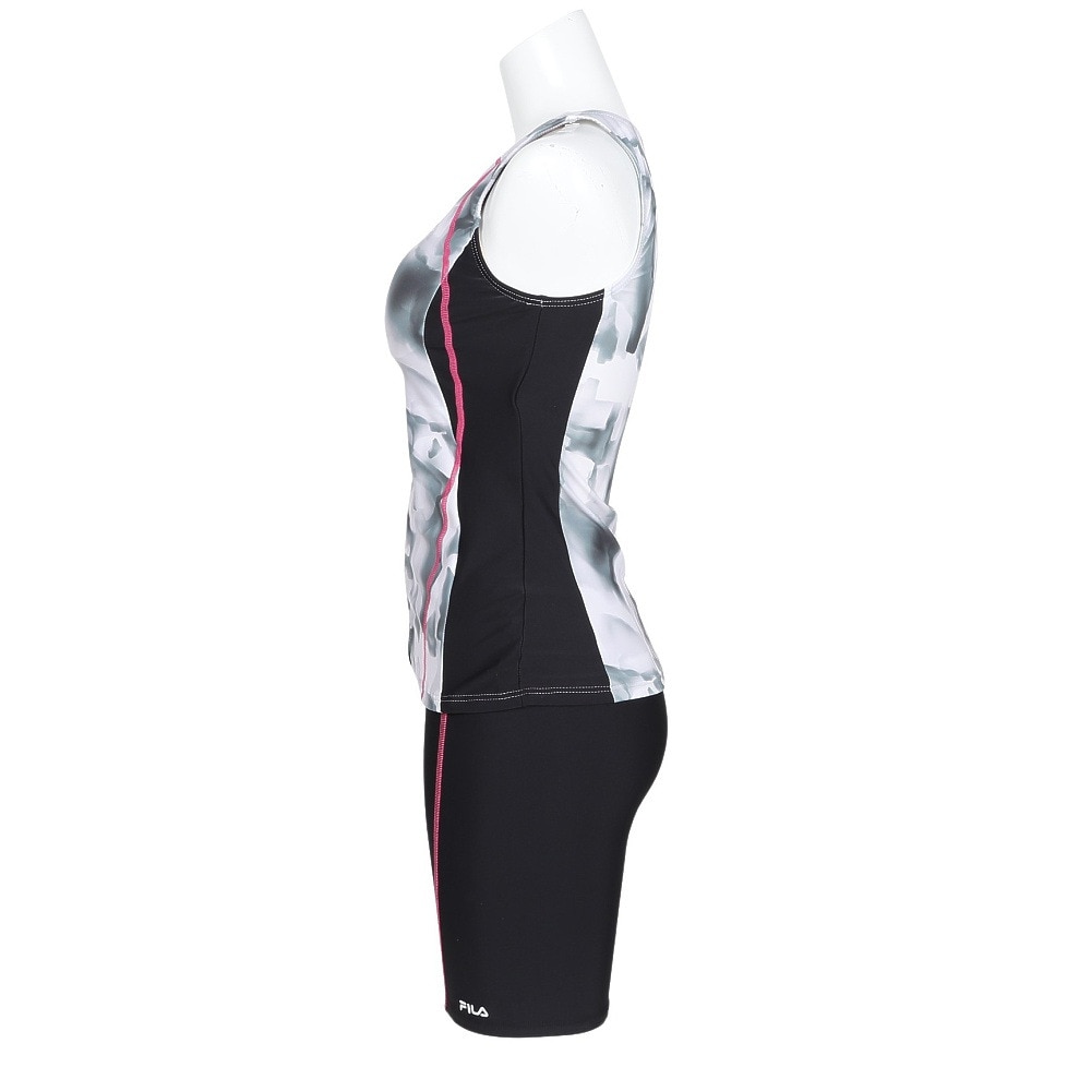 フィラ（FILA）（レディース）フィットネス水着 水泳 タイダイプリント ジップセパレート 黒 白 M-LLサイズ 315604 BK めくれ防止スナップ付き 上下セット 