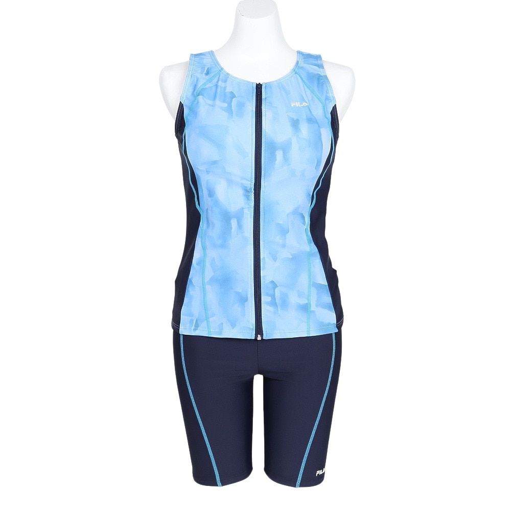 フィラ（FILA）（レディース）フィットネス水着 水泳 タイダイプリント ジップセパレート 青 紺 M-LLサイズ 315604 NV  めくれ防止スナップ付き 上下セット 
