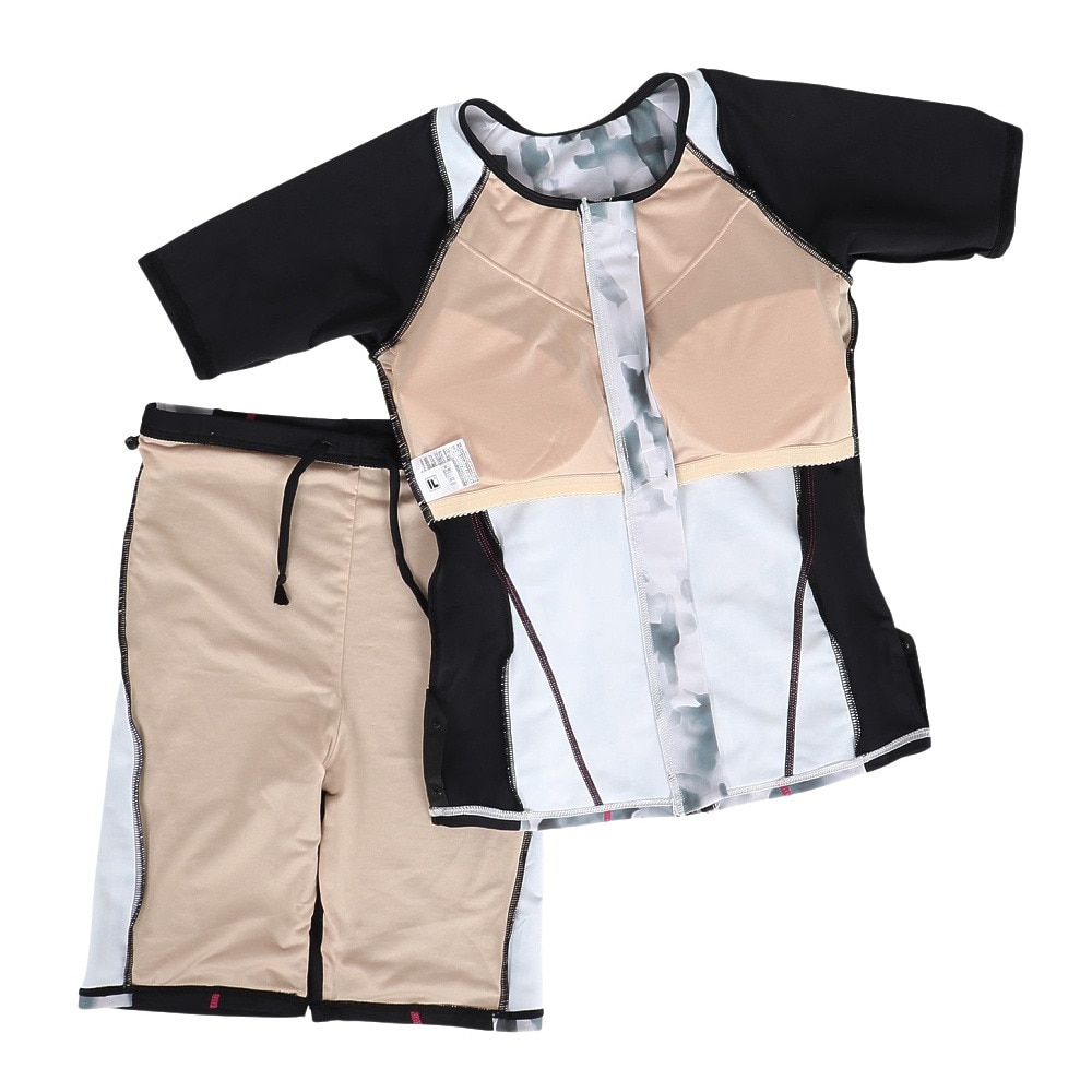 フィラ（FILA）（レディース）フィットネス水着 水泳 タイダイプリント 半袖ジップセパレート 黒 白 M-LLサイズ 315605 BK めくれ防止スナップ付き 上下セット