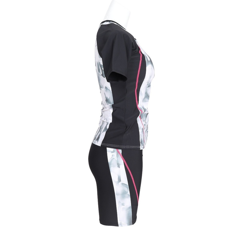 フィラ（FILA）（レディース）フィットネス水着 水泳 タイダイプリント 半袖ジップセパレート 黒 白 M-LLサイズ 315605 BK めくれ防止スナップ付き 上下セット