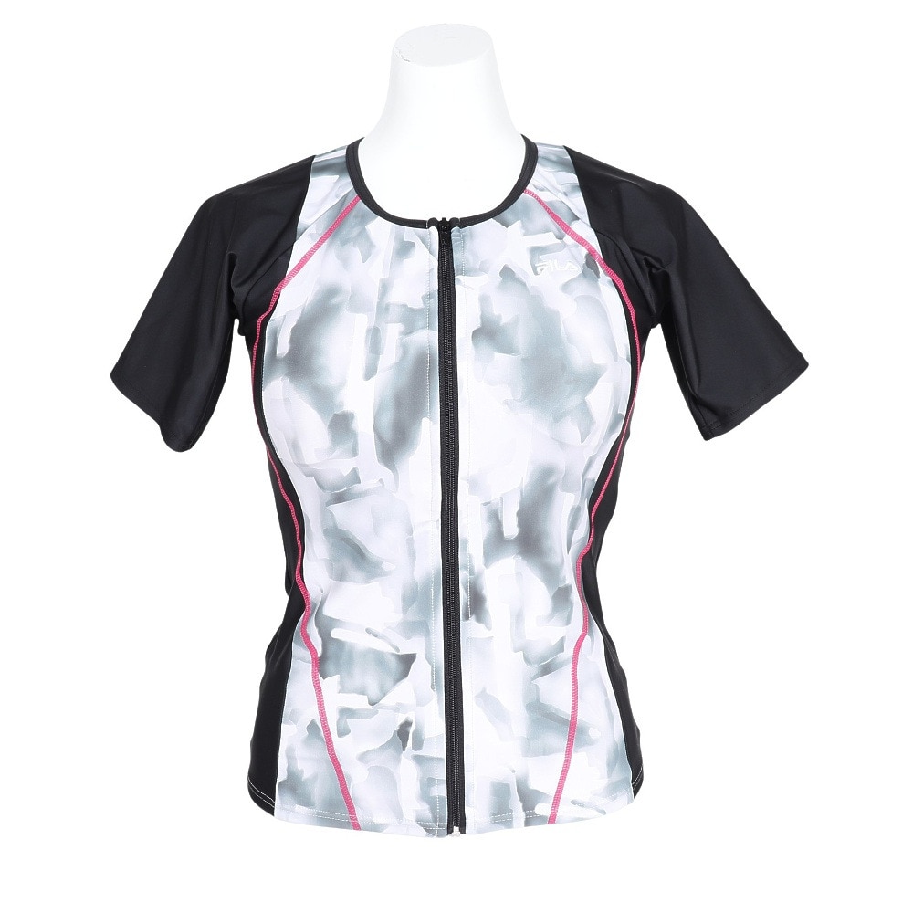 フィラ（FILA）（レディース）フィットネス水着 水泳 タイダイプリント 半袖ジップセパレート 黒 白 M-LLサイズ 315605 BK めくれ防止スナップ付き 上下セット