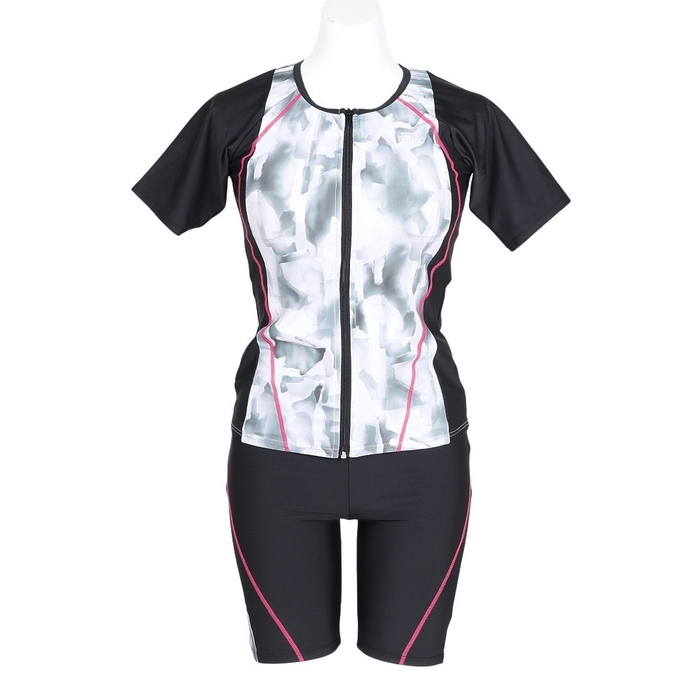 フィラ（FILA）（レディース）フィットネス水着 水泳 タイダイプリント 半袖ジップセパレート 黒 白 M-LLサイズ 315605 BK めくれ防止スナップ付き 上下セット
