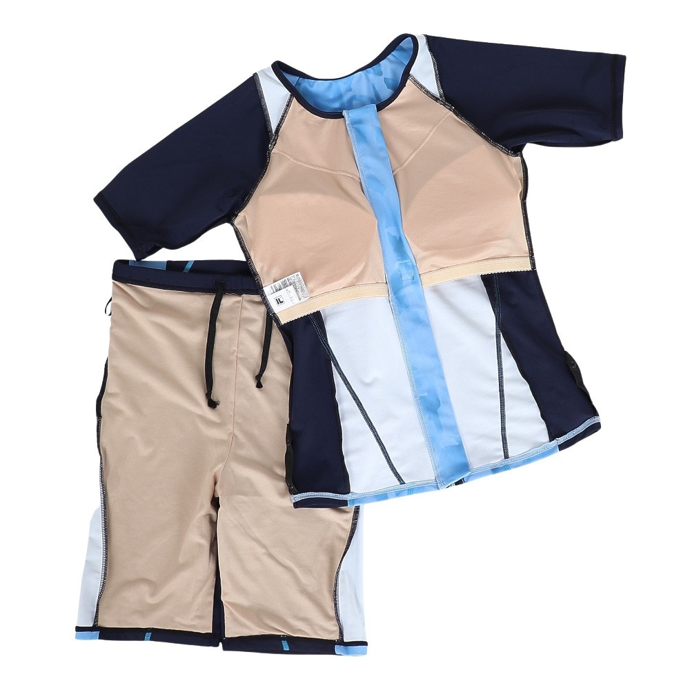 フィラ（FILA）（レディース）フィットネス水着 水泳 タイダイプリント 半袖ジップセパレート 青 紺 M-LLサイズ 315605 NV めくれ防止スナップ付き 上下セット